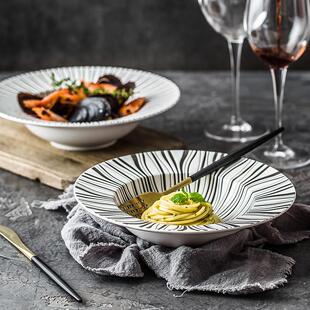 黑白印花西餐盘，简约创意草帽餐具，欧式陶瓷家居深盘，个性化汤