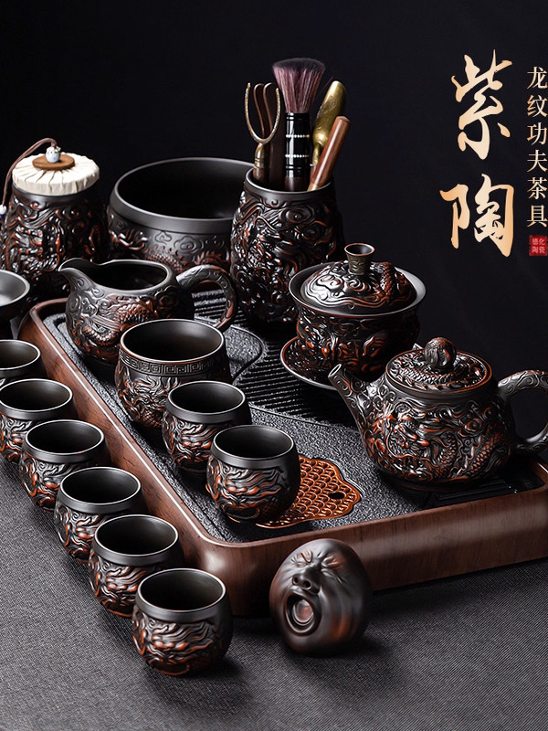 紫陶功夫茶具套装轻奢个人专用中式手工泡茶壶盖碗茶海建盏礼盒装