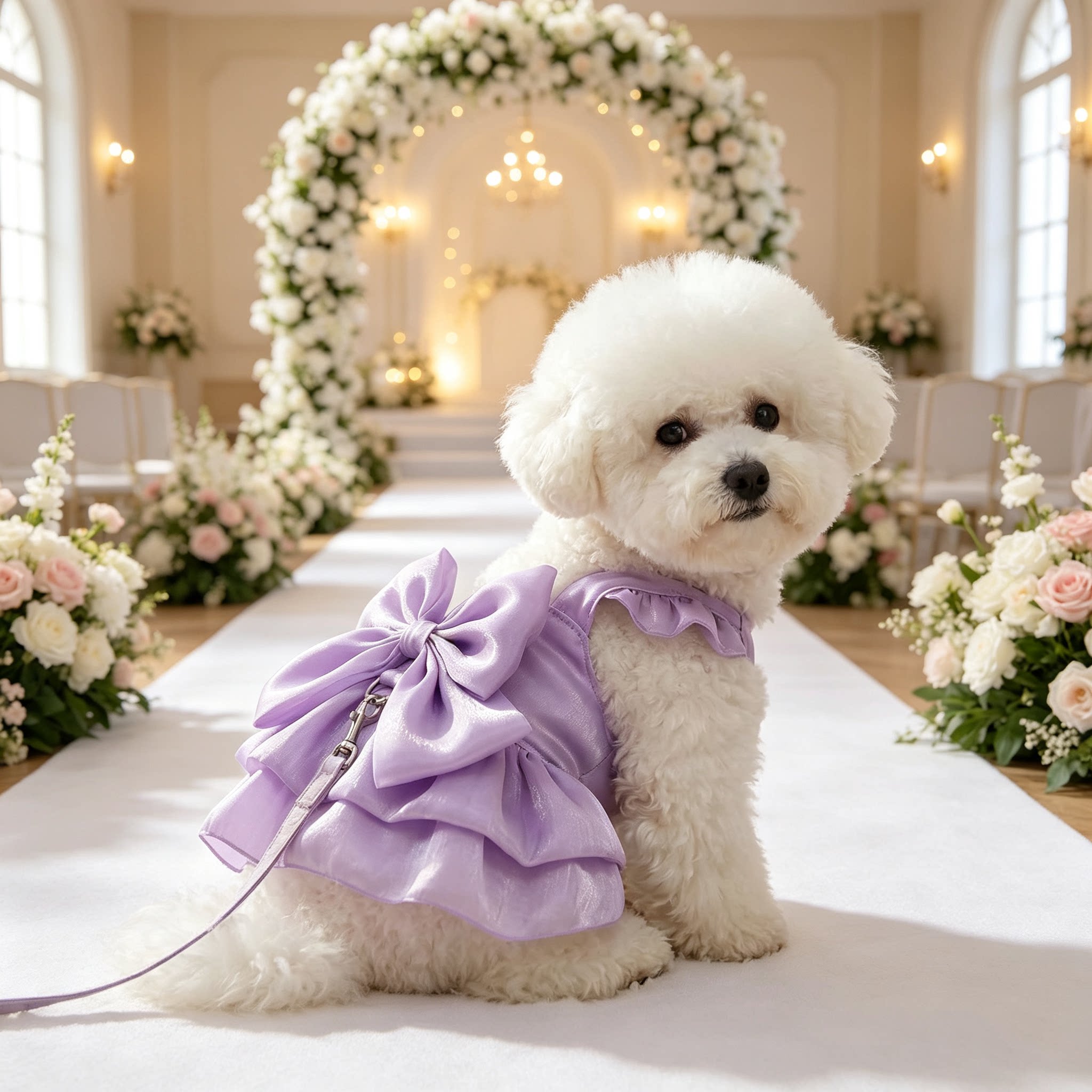 狗狗陪嫁婚纱紫色流光蝴蝶结礼服