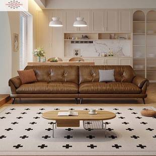 意式 现代小户型三四人位沙发 极简真皮沙发棕色简约复古风客厅美式