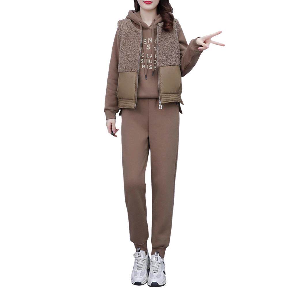 冬装羊羔绒外套加绒卫衣三件套2025新款加厚休闲运动服套装女秋季