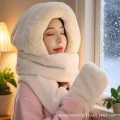 纯色毛绒帽子围巾手套一体冬季 加厚防风保暖护耳帽防寒百搭骑行帽