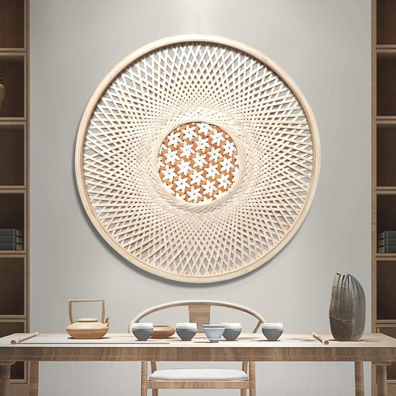 原木风竹编实物装饰画卧室茶楼墙壁画玄关圆形餐厅挂画纯手工画框
