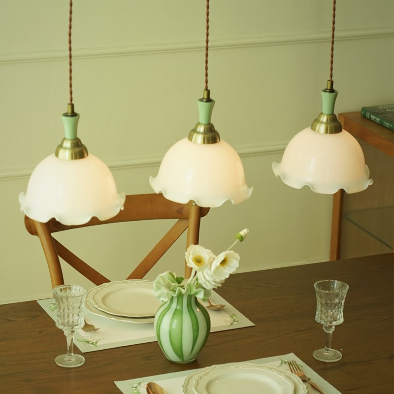 长条水晶玻璃厨房吧台餐厅法式奶油风绿色复古一字艺术设计师吊灯