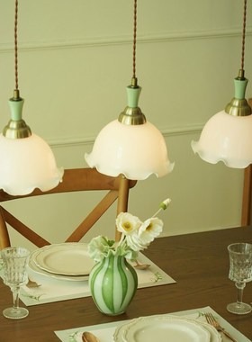 长条水晶玻璃厨房吧台餐厅法式奶油风绿色复古一字艺术设计师吊灯