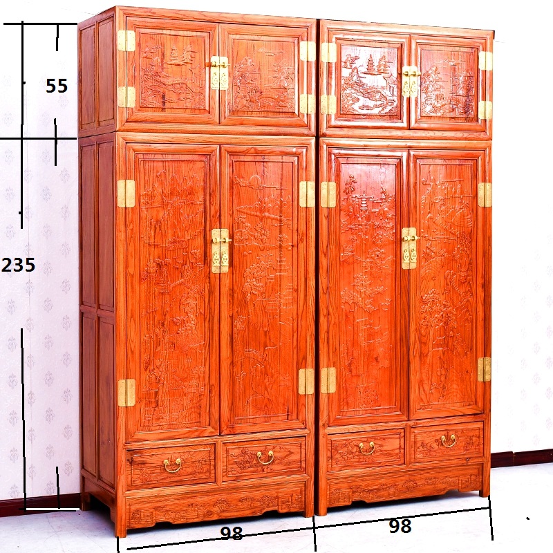 中式仿古典红花梨鸡翅酸枝实木山水花鸟梅兰竹菊雕花大衣柜顶箱柜