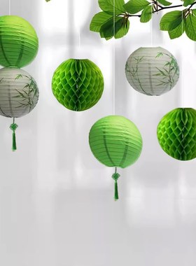 国风古典竹子纸灯笼商场活动店铺橱窗装扮道具幼儿园绿色春天背景