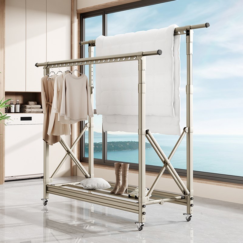 晾衣架折叠落地阳台可移动伸缩晒被子神器家用晾衣杆室外晒衣架