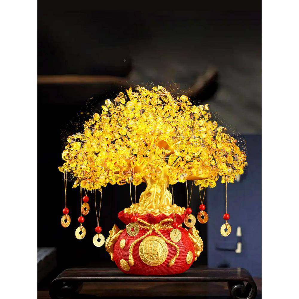 黄水晶摇钱树树财富树装品酒柜装饰客厅电视饰柜摇9999 钱打开家