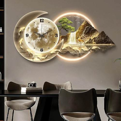 日照金山钟表挂墙厅装饰画创意挂钟饭厅KX-665带餐挂桌饭时钟轻奢