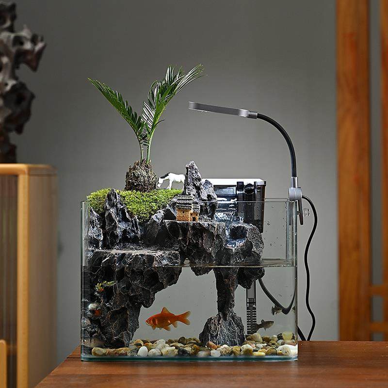 流水版鱼缸物造景全套生态小型客厅桌面装饰摆真件水缸草植水栖息