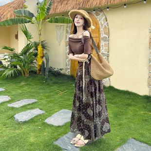 度假风穿搭印花套装 裙女夏季 垂折领T恤上衣垂感半身裙长裙两件式