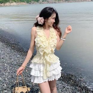 夏季 设计波点甜美上衣蛋糕半身裙女两件套 新款 纯欲风辣妹荷叶无袖