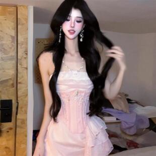 微胖纯欲甜辣妹蕾丝网纱拼接吊带包臀半裙女夏季粉色鱼骨腰封套装