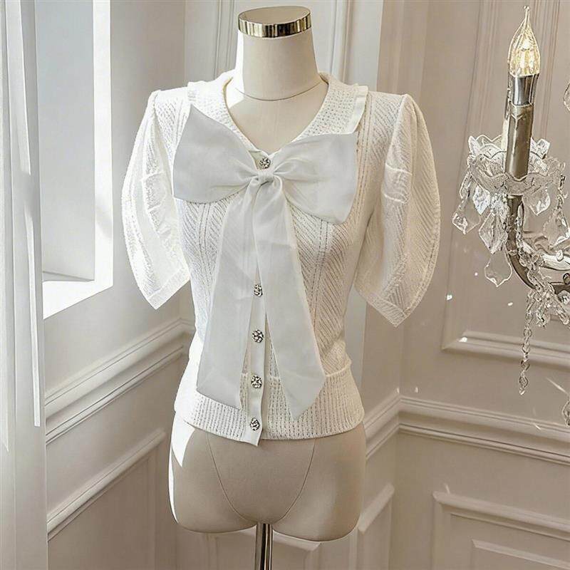 娃娃领冰丝短袖T恤2026夏季新款法式韩版短款蝴蝶结泡泡袖针织衫