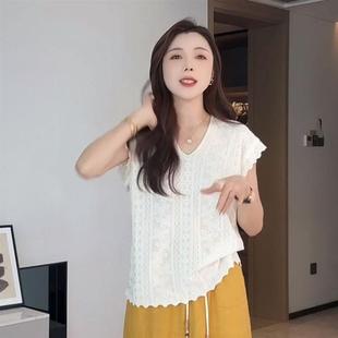 上衣潮 韩版 V领蝴蝶蕾丝拼接设计感显瘦针织衫 女生2025年夏季 新款