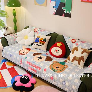 斯堪的纳维亚风格卡通防滑沙发垫为所有季节多巴胺格子图案可拆卸