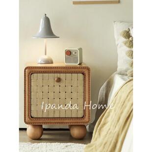 中古侘寂风实木藤编床头柜覆古丹麦设计师家用卧室床边柜收纳柜