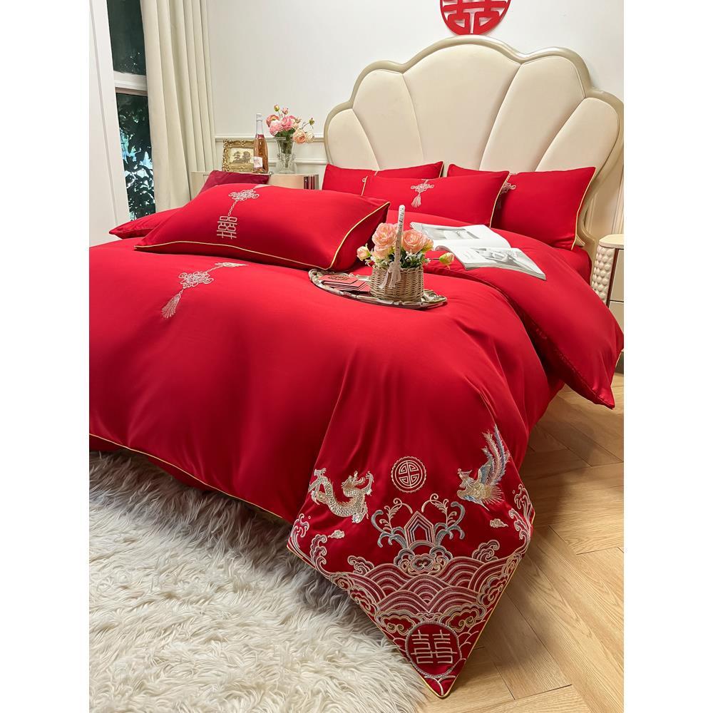 新中式140支婚庆四件套红色新疆棉全棉被套纯色床单陪嫁结婚床品4