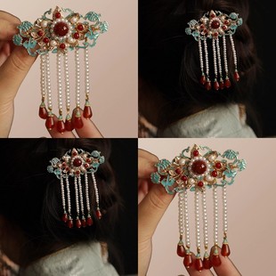 原创古风汉服头饰 复古宋制明制烧蓝后压簪 夹子新娘服饰红色压鬓