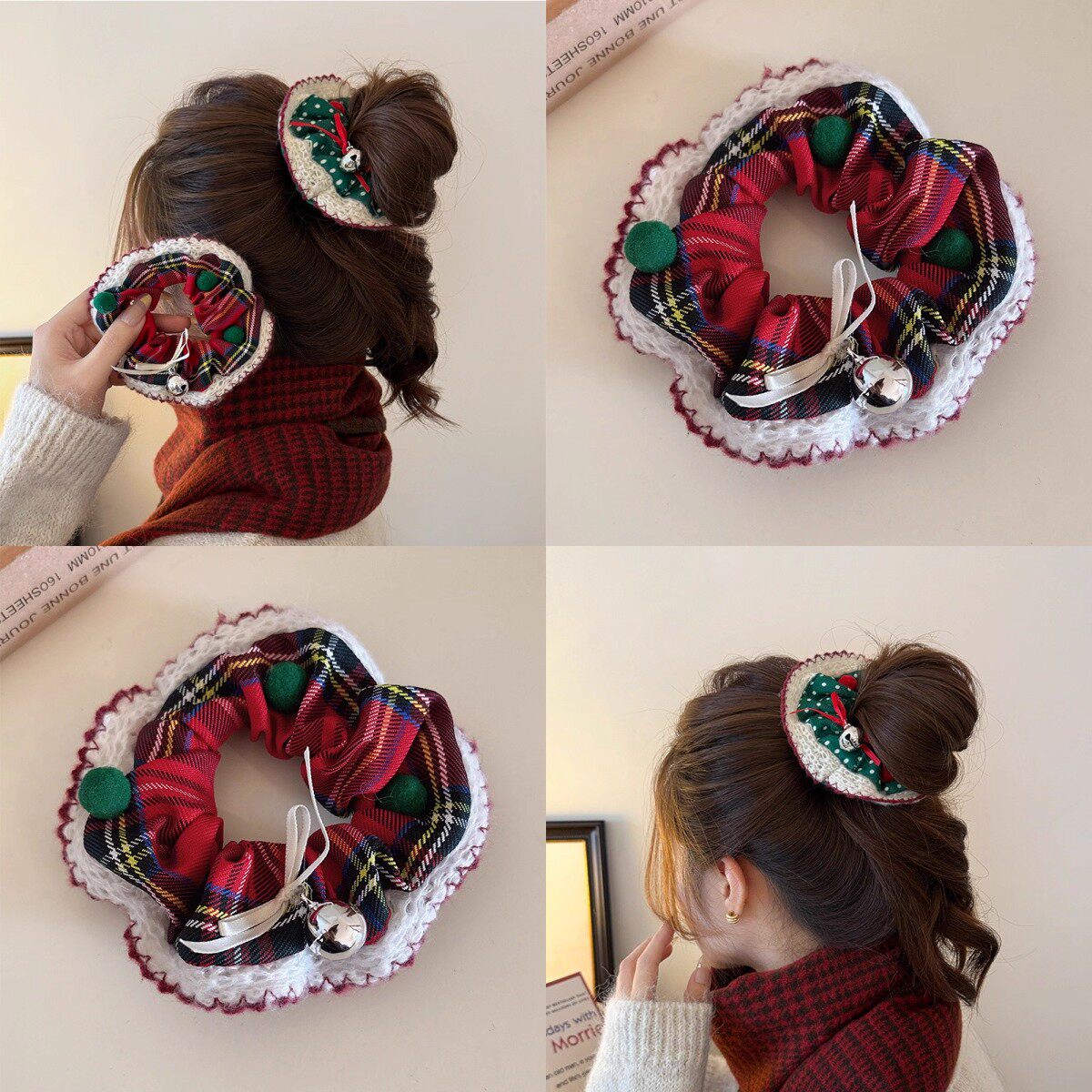 创意新款圣诞小狗发圈红格子发箍鸭夹格子大肠圈简约发箍鸭夹发饰