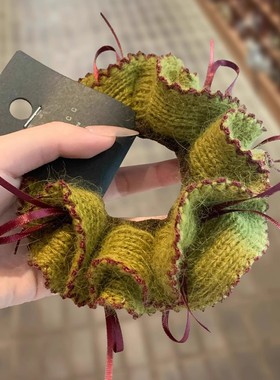 韩国森系超显白果绿撞色针织毛绒蝴蝶结发圈双层软糯高端弹力皮筋