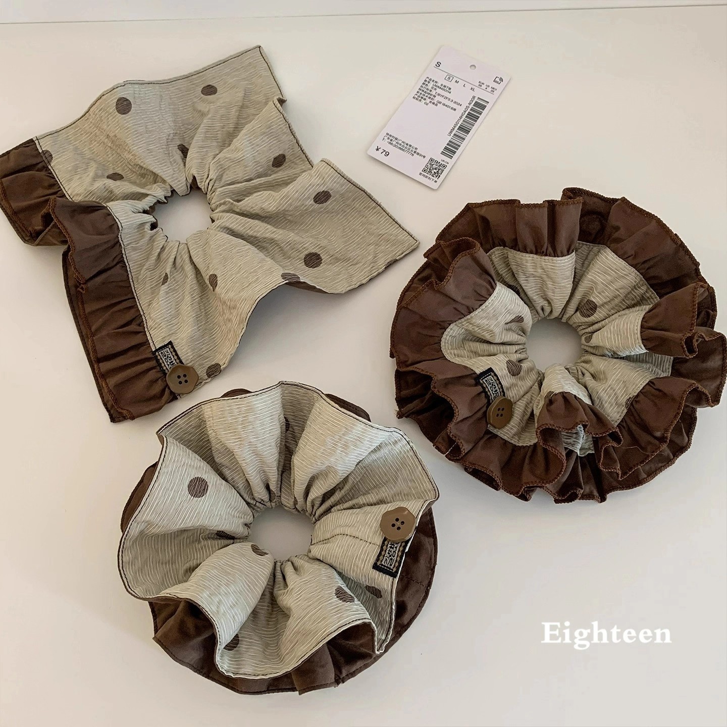 韩系咖色波点条纹双层大肠发圈女慵懒风丸子头超大号百搭发饰头绳