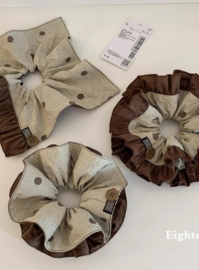 韩系咖色波点条纹双层大肠发圈女慵懒风丸子头超大号百搭发饰头绳