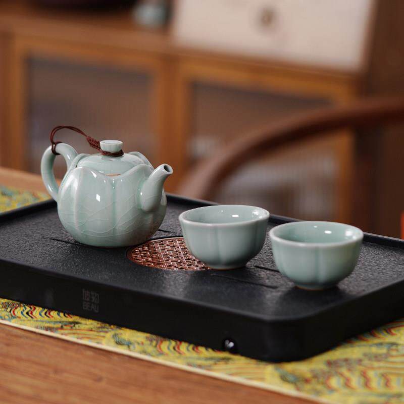 新款汝窑俪人组一茶壶两茶杯套装汝瓷开片可养家用功夫茶具礼盒装