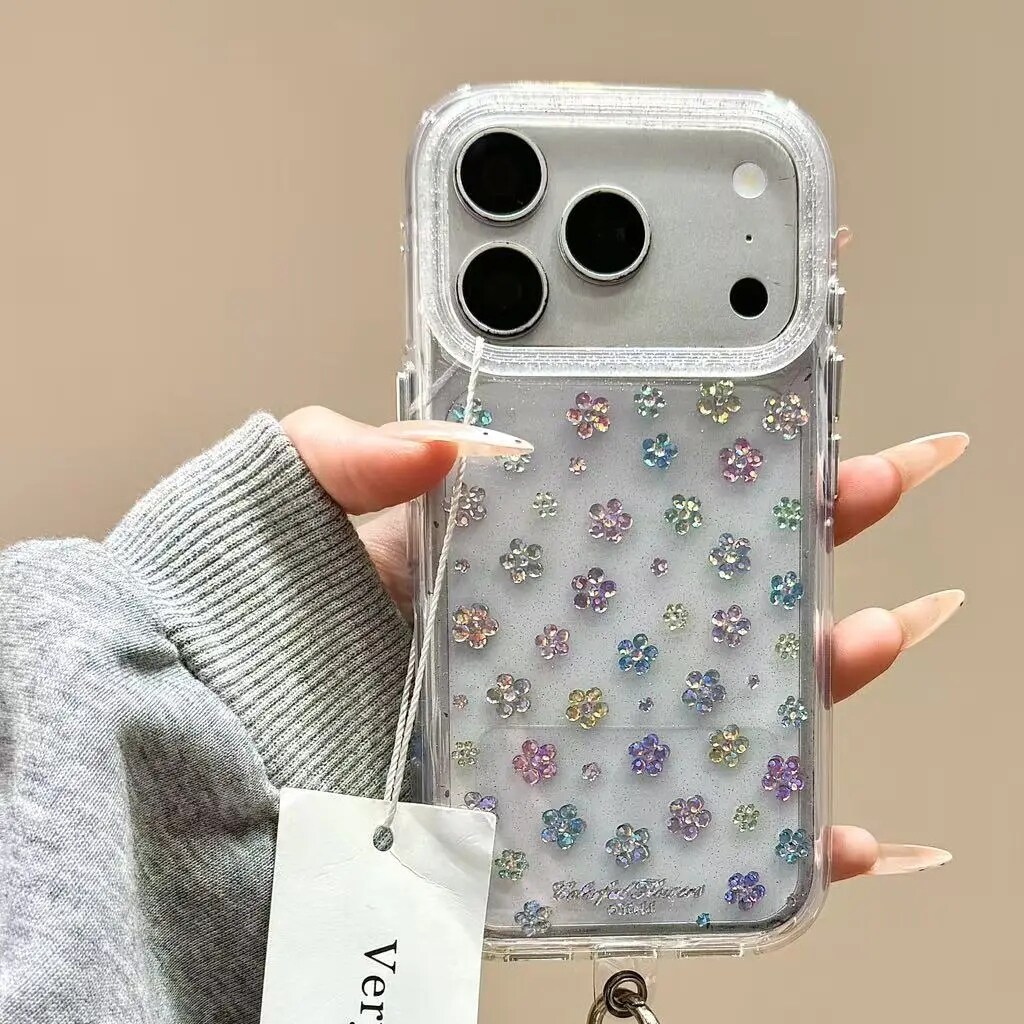 雨柠细闪粉ins透底鎏金花朵珠链条适用苹果17promax手机壳iPhone16新款15小清新日韩14防摔保护套