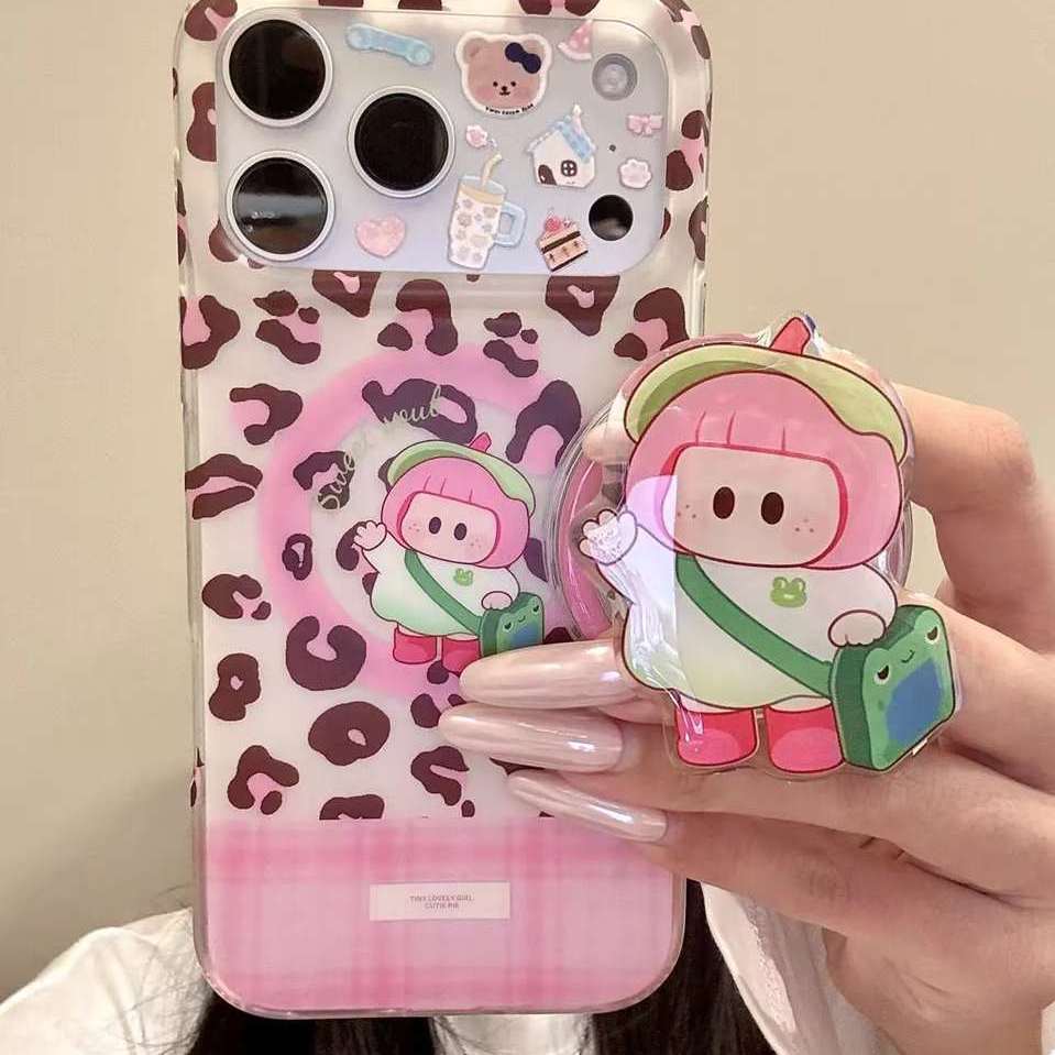 雨柠适用于iphone18promax手机壳卡通16pm粉棕豹纹挎包粉发短发女孩17日韩可爱INS个性创意14防摔保护套