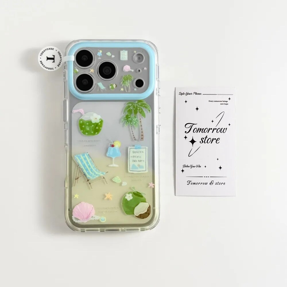 雨柠ins沙滩椰树插画适用苹果17pro双层iPhone16全包链条磨砂手机壳15小清新个性创意日韩卡通14防摔保护套
