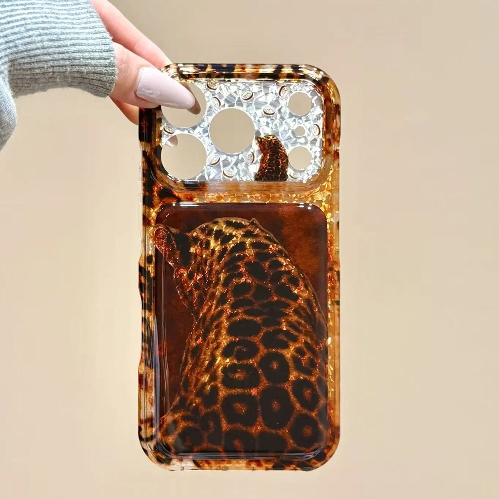 雨柠潮流金钱豹背影钻纹大视窗适用苹果18promax少女手机壳iphone17新款16日韩卡通15防摔保护套