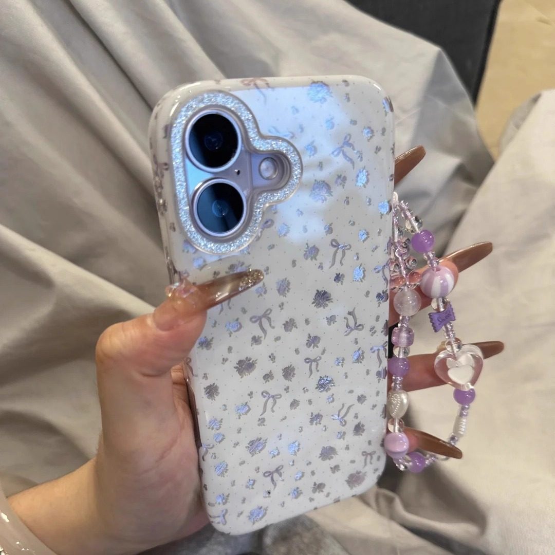 雨柠镜框白底紫色碎花蝴蝶ins手机壳适用iPhone17promax苹果16pro可爱15满屏韩系卡通14防摔保护套