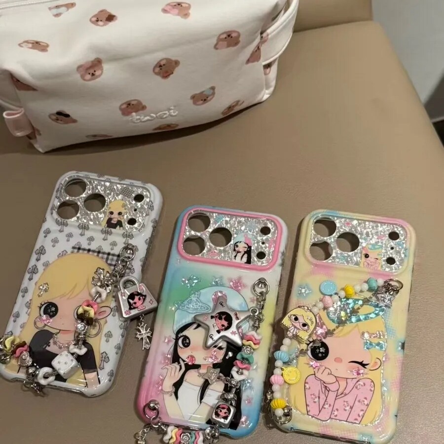 雨柠古早镭射芭比少女手拎绳适用于iPhone17promax手机壳苹果16pro新款15卡通日韩INS可爱14防摔保护套