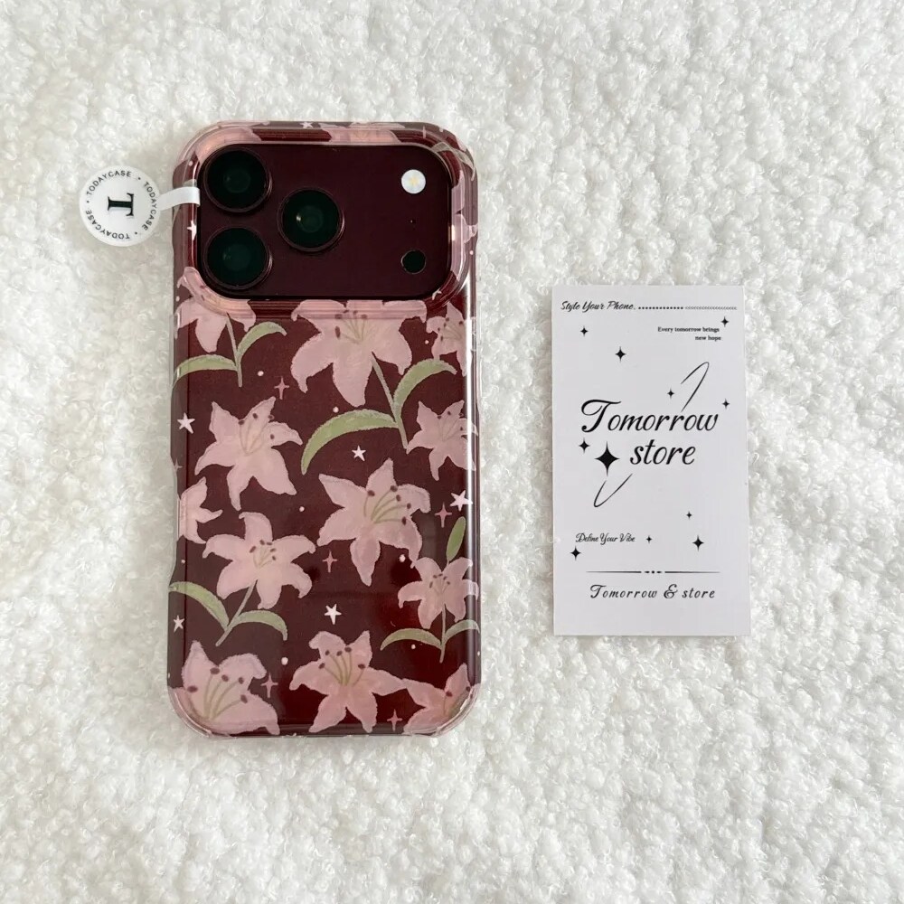 雨柠ins酒红粉色百合花适用苹果18pro羽纱iphone17挂绳手机硬壳16日韩小清新个性创意15防摔保护套