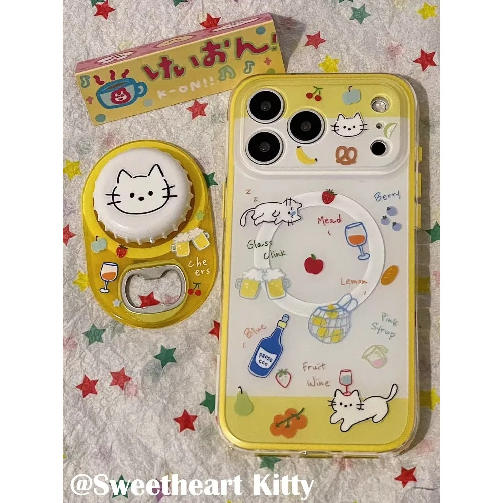 雨柠磁吸可爱小猫咪开瓶器支架适用iphone17promax苹果16手机壳15少女卡通日韩INS个性创意14防摔保护套