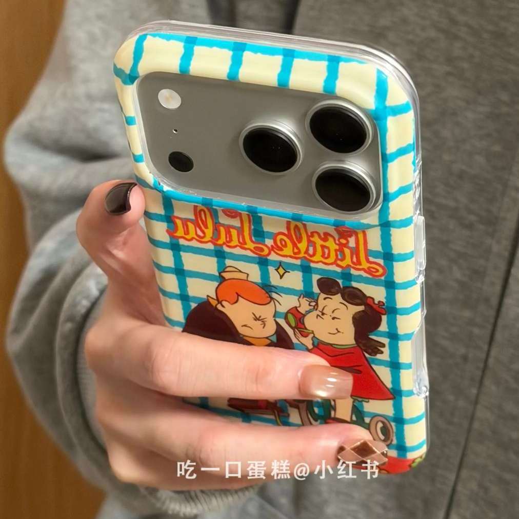 雨柠奶黄底格纹自行车露露充气男孩适用-苹果17promax手机壳iphone16新款15卡通日韩INS14防摔保护套