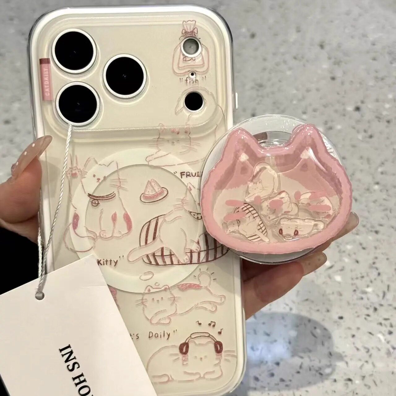 雨柠卡通耳机粉线条慵懒猫咪适用iphone17promax苹果16pro手机壳14Pro可爱磁吸支架摇摇乐15防摔保护套