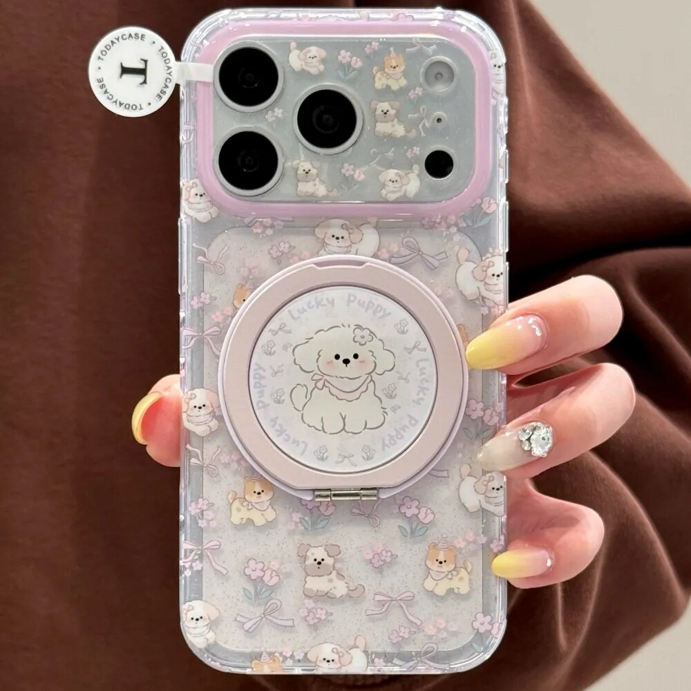 雨柠360支点支架透紫色碎花小狗适用苹果17pro韩系iphone16手机壳新款15卡通日韩ins小清新14防摔保护套