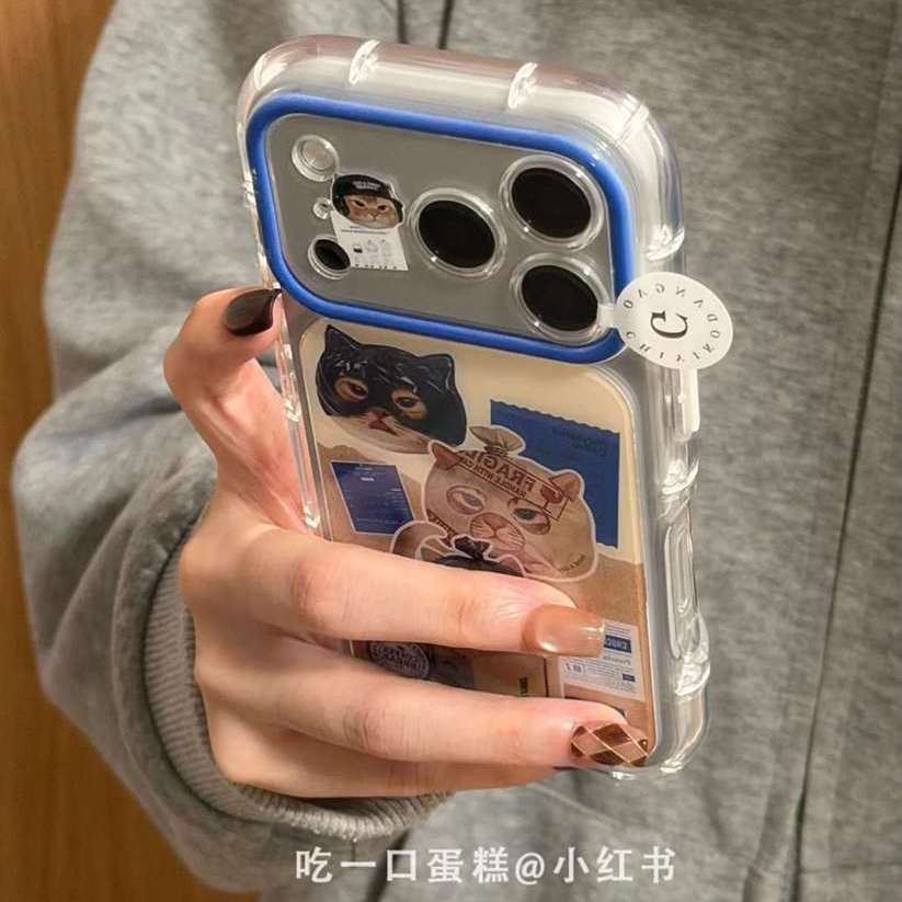 雨柠黄棕拼色蓝标签箱子偷盗猫咪适用18promax手机壳iphone17新款15卡通日韩可爱INS个性创意14防摔保护套