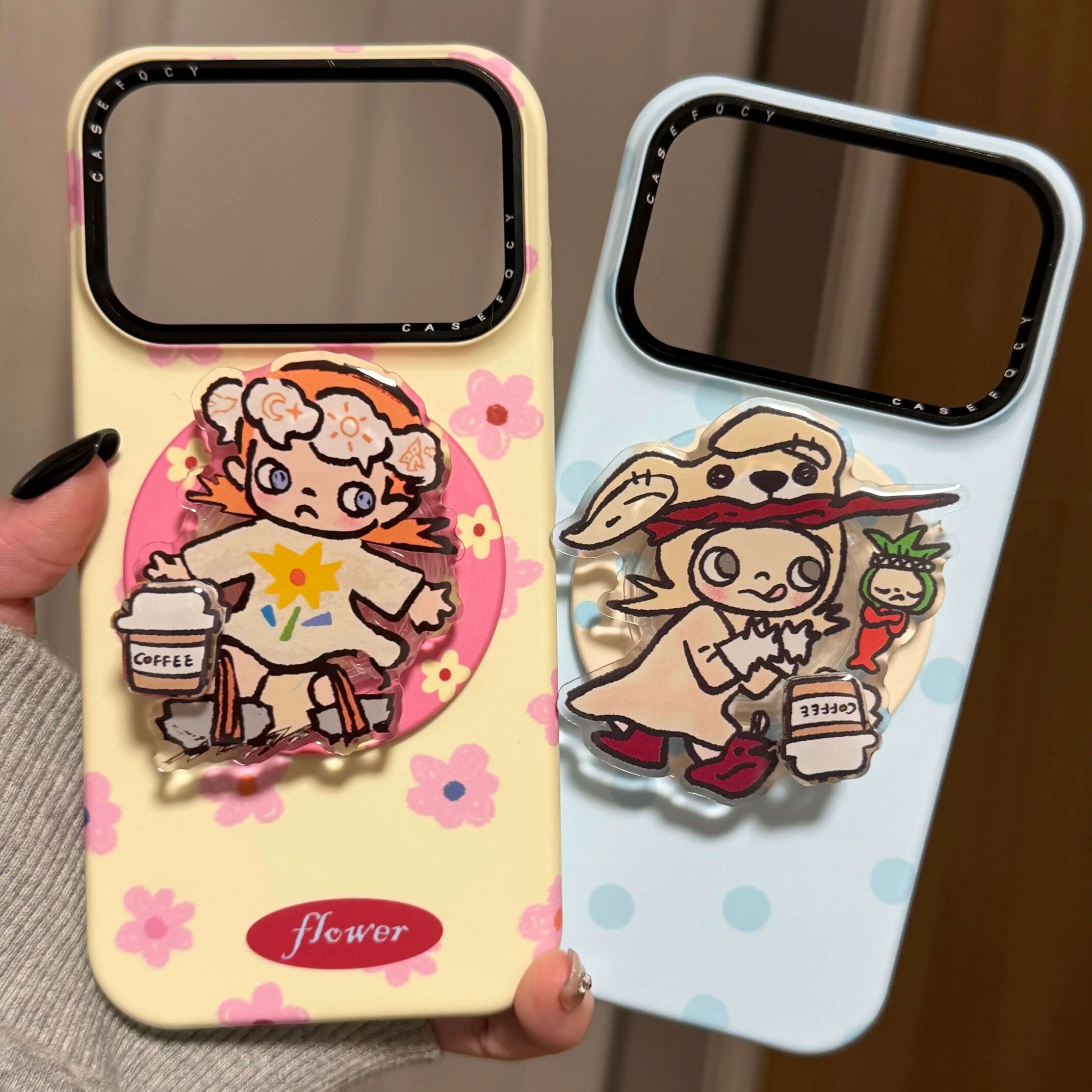 雨柠蓝底黄底波点粉花朵支架适用苹果17promax手机壳iphone16新款15卡通日韩ins可爱14防摔保护套