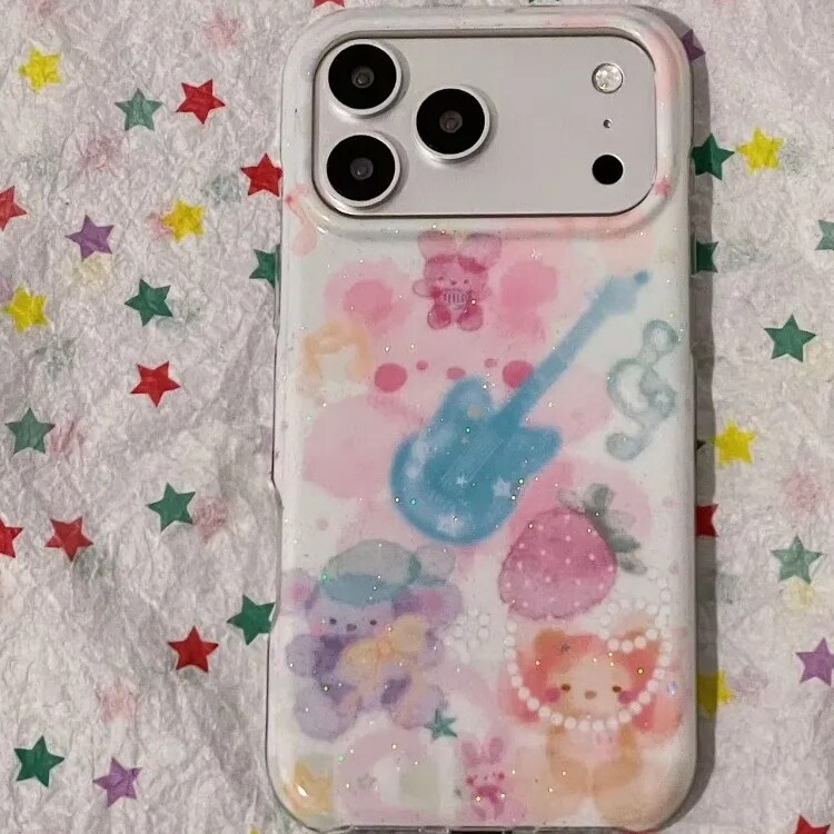 雨柠ins古早梦幻涂鸦兔子小熊吉他适用iphone17promax苹果16手机壳15卡通日韩个性创意可爱14防摔保护套