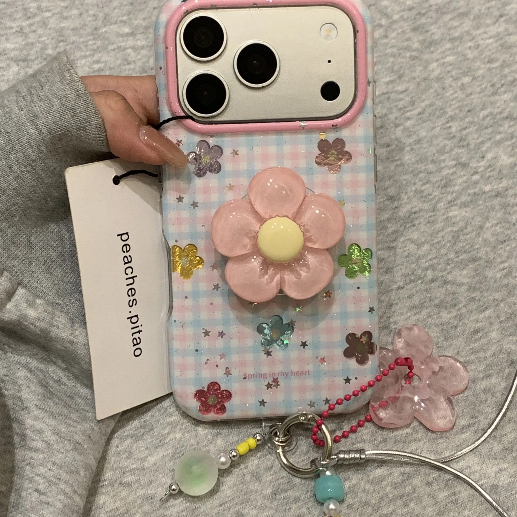 雨柠ins风少女格纹满屏透色花朵水晶花朵支架适用于iPhone17promax新款苹果16手机壳15小清日韩14防摔保护套