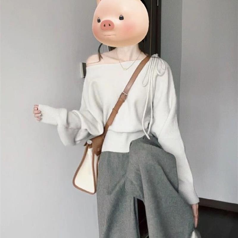 秋冬独特绝美漂亮减龄设计感小众露肩针织衫毛衣阔腿裤两件套装女