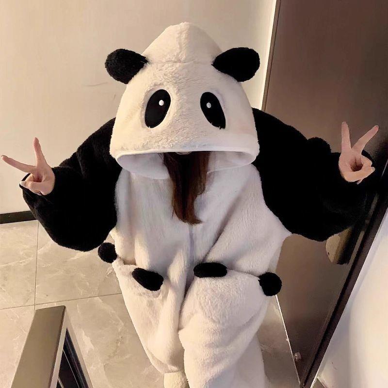 珊瑚绒2025新款加绒加厚连体睡衣女秋冬款可爱小熊猫家居服可外穿