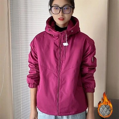 设计感夹棉加厚短款连帽外套女2024秋冬爆款双拉链冲锋衣休闲棉服
