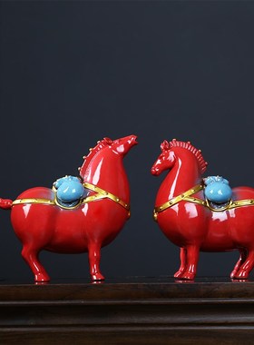 创意陶瓷唐马摆件红色马招财中式客厅桌面家居办公室装饰工艺礼品