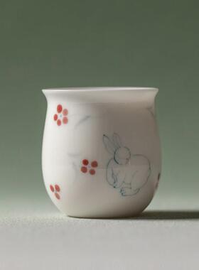 繁野 白瓷手绘萌兔主人杯功夫茶小杯陶瓷盖碗茶杯可爱品茗杯客杯