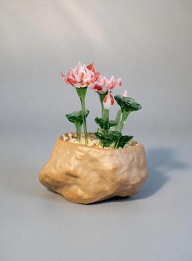 琉璃荷花淄博琉璃盆栽仿真绿植盆栽莲花好运连连琉璃茶台茶桌摆件